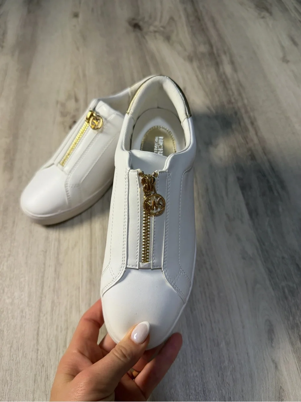 Michael Kors White Leather Zip-Front Sneakers with Gold Hardware